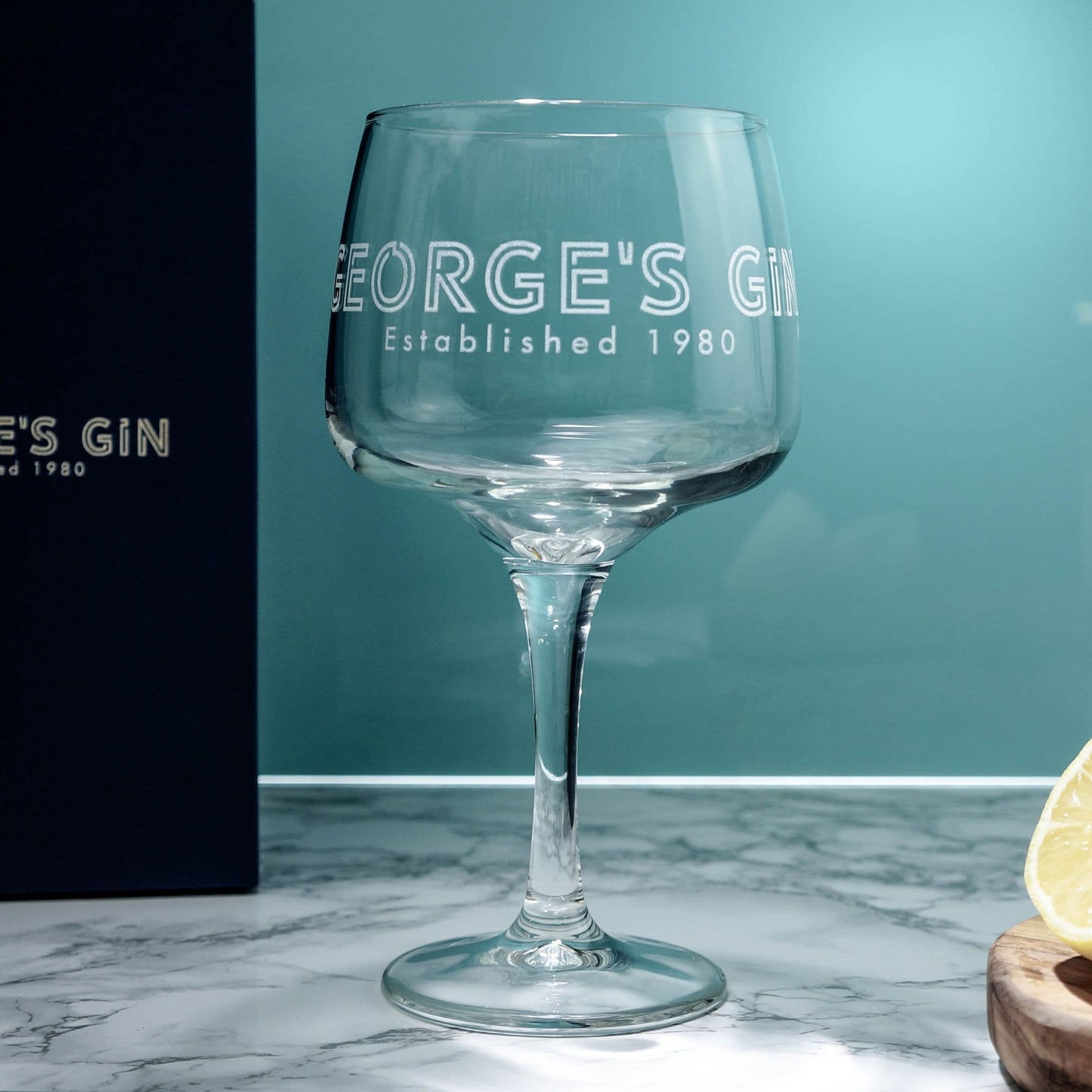 Gin glass engraved with 'established' and the year by Original Monkey Gifts.