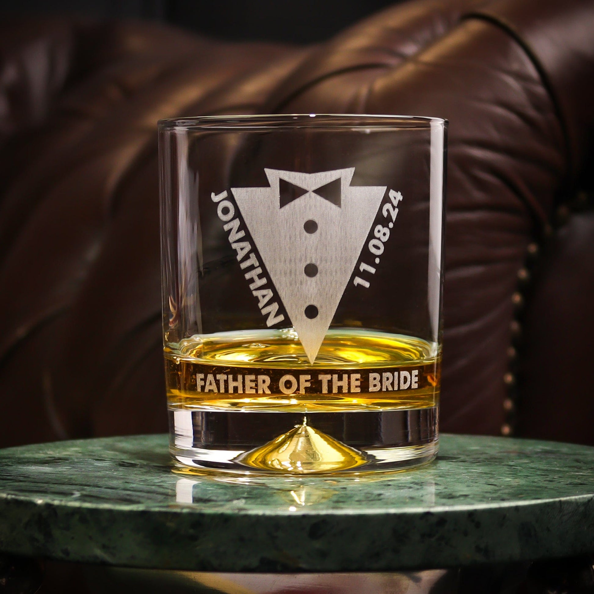 Personalised heavyweight whiskey tumbler with a dimple base, engraved with a sleek panel design featuring the recipient’s name. A stylish and timeless gift for whiskey lovers, perfect for birthdays, weddings, and special occasions.