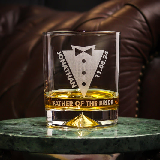 Personalised heavyweight whiskey tumbler with a dimple base, engraved with a sleek panel design featuring the recipient’s name. A stylish and timeless gift for whiskey lovers, perfect for birthdays, weddings, and special occasions.