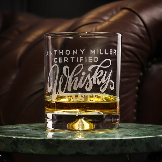 Personalised heavyweight whiskey tumbler with a dimple base, engraved with a sleek design featuring the recipient’s name. A stylish and timeless gift for whiskey lovers, perfect for birthdays, weddings, and special occasions.