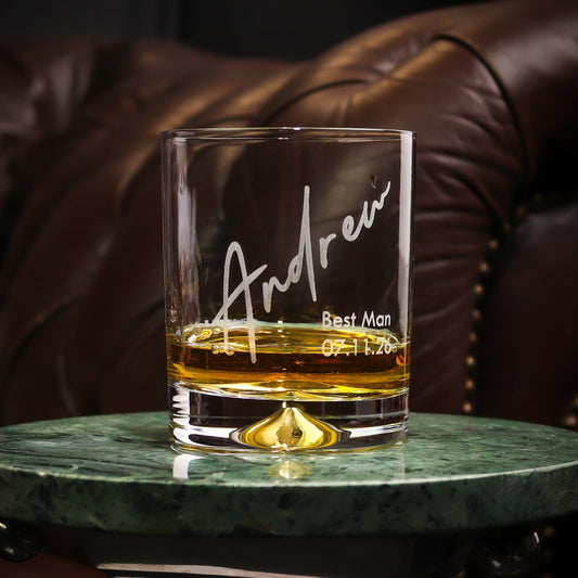 Personalised heavyweight whiskey tumbler with a dimple base, engraved with a sleek panel design featuring the recipient’s name. A stylish and timeless gift for whiskey lovers, perfect for birthdays, weddings, and special occasions.