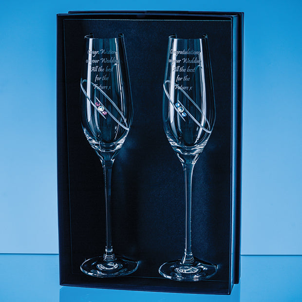2 His & Hers Diamante Champagne Flutes with Orbital Design in an attractive Gift Box