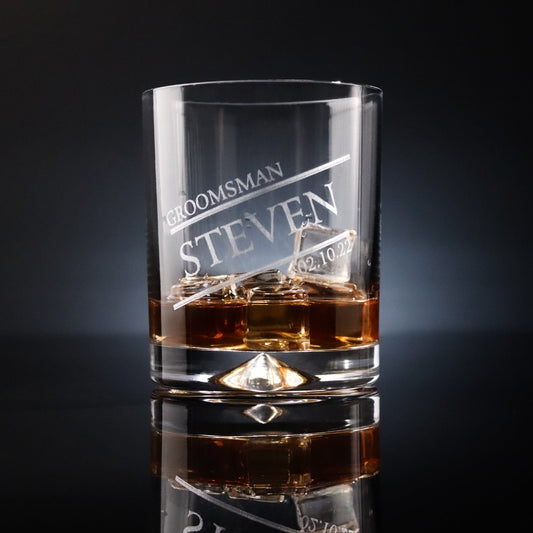 Personalised heavyweight whiskey tumbler with a dimple base, engraved with a sleek panel design featuring the recipient’s name. A stylish and timeless gift for whiskey lovers, perfect for birthdays, weddings, and special occasions.