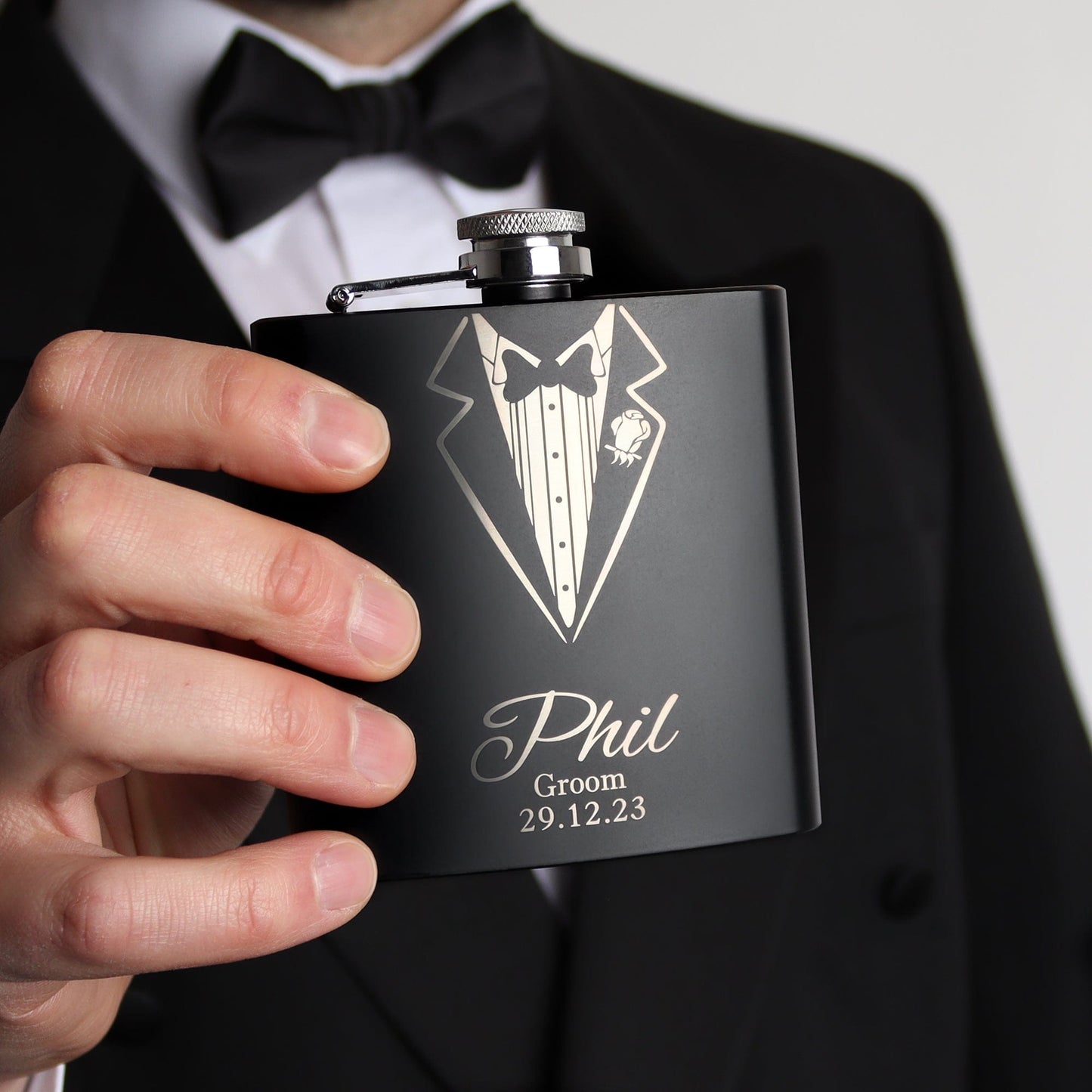 The Tux Groomsman Hip Flasks